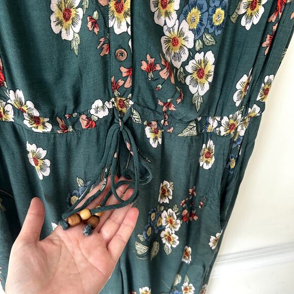 Democracy Jumpsuit Size L Floral Drawstring Waist Pants Green Romper Button Up - Picture 9 of 9